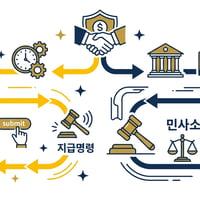 장기수선충당금 반환 과정을 보여주는 흐름도로, 지급명령과 민사소송을 대비하는 모습이 그려져 있다.