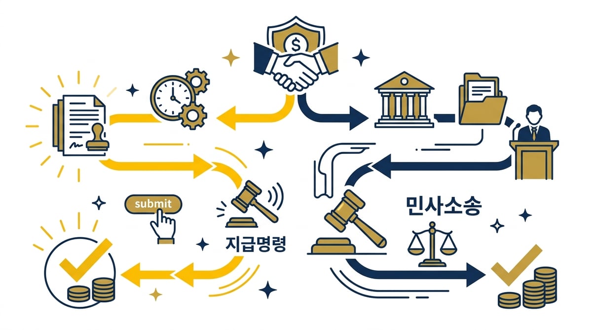 장기수선충당금 반환 과정을 보여주는 흐름도로, 지급명령과 민사소송을 대비하는 모습이 그려져 있다.