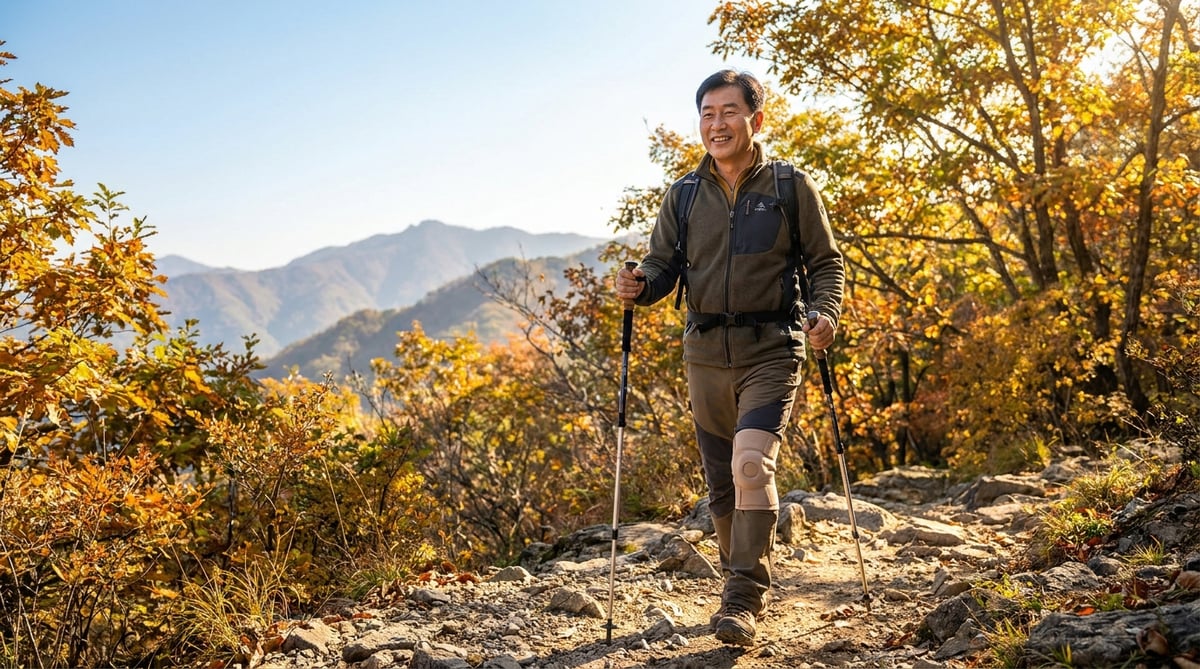 보호대와 스틱을 갖추고 편하게 하산하는 50대 남성