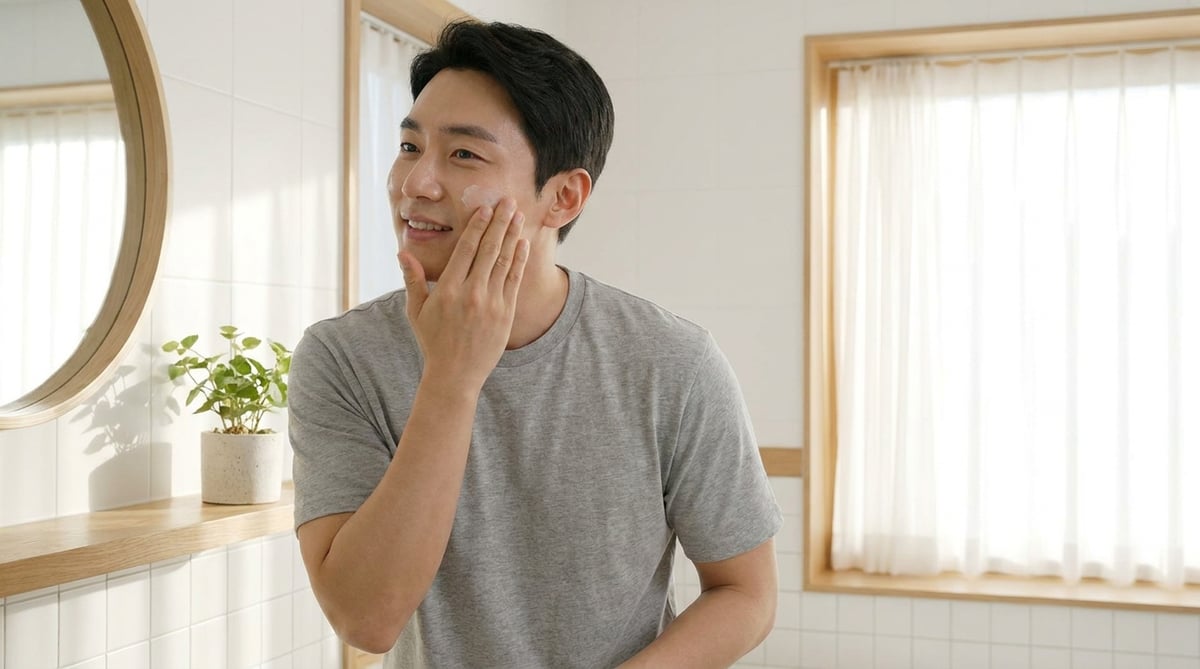 아침 세면대에서 선크림을 바르는 남성