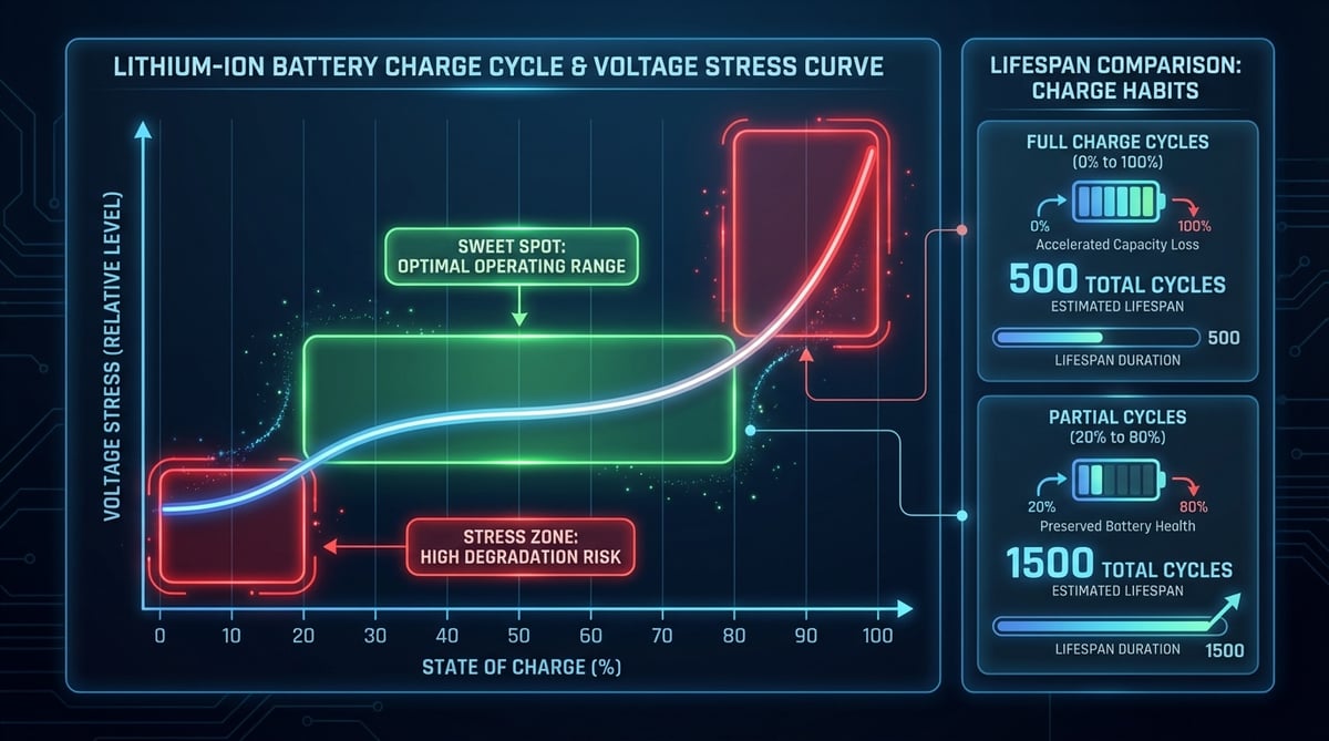 리튬 이온 배터리의 충전 주기와 전압 스트레스 곡선을 보여주는 인포그래픽으로, 20%에서 80% 사이의 최적 작동 범위를 강조하고 완전 충전 및 부분 충전에 따른 수명 비교를 제시