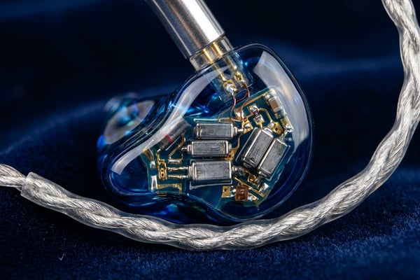 투명 레진 하우징 안에 BA 드라이버가 보이는 하이엔드 커스텀 IEM 클로즈업