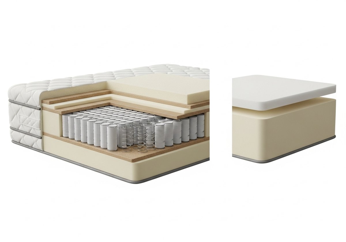 매트리스 내부 다층 구조(스프링, 폼, 패딩)와 토퍼 단층 구조(메모리폼)를 비교하는 단면 인포그래픽