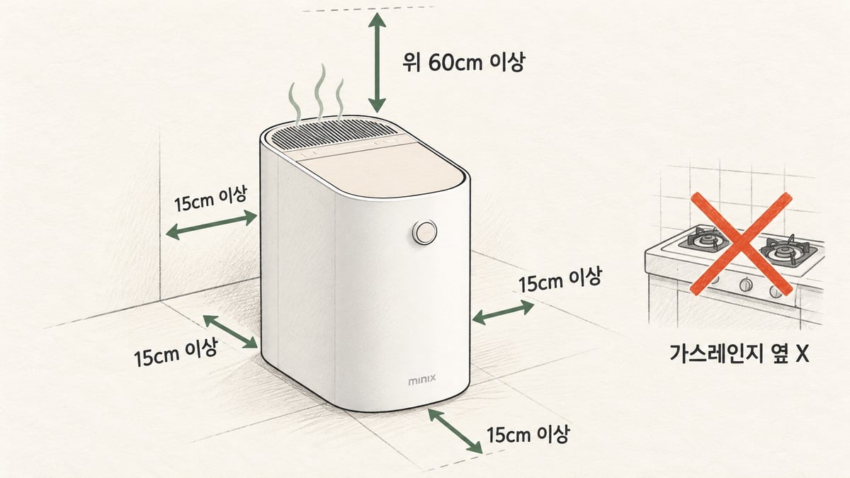 음식물처리기 설치 거리 도해 — 앞·뒤·양옆 15cm 이상, 위 60cm 이상, 가스레인지 옆은 피하기