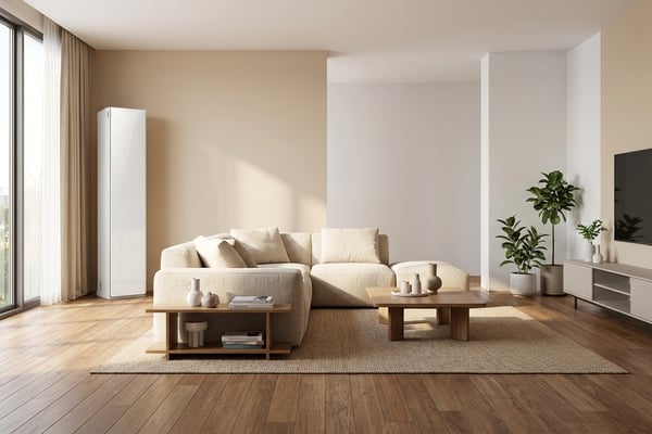 한국 아파트 거실에 설치된 삼성 비스포크 AI 스탠드형 에어컨과 모던 인테리어