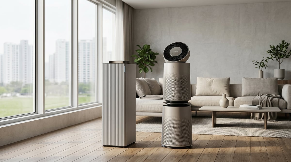 Modern Korean apartment living room with two premium air purifiers side by side for comparison. On t