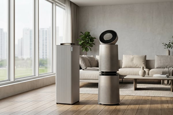 Modern Korean apartment living room with two premium air purifiers side by side for comparison. On t