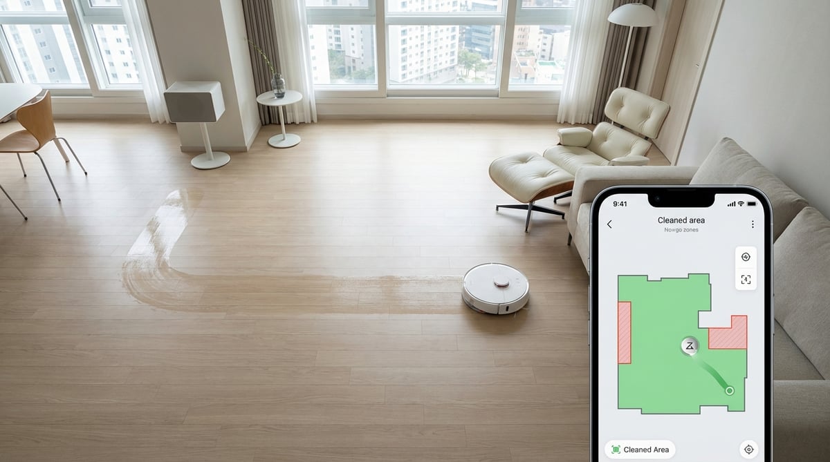 스마트폰 앱 화면에 표시된 로봇청소기의 한국 아파트 청소 경로 지도, 구역별 청소 상태가 색상으로 구분된 모습