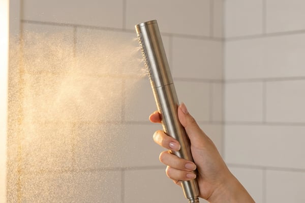 모던 욕실에서 새 샤워기 헤드를 들고 있는 손