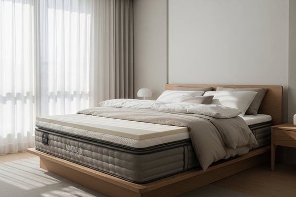 모던 한국 침실에 프리미엄 매트리스 위에 별도 토퍼가 깔린 모습, 깨끗한 화이트 침구와 자연 아침 햇살