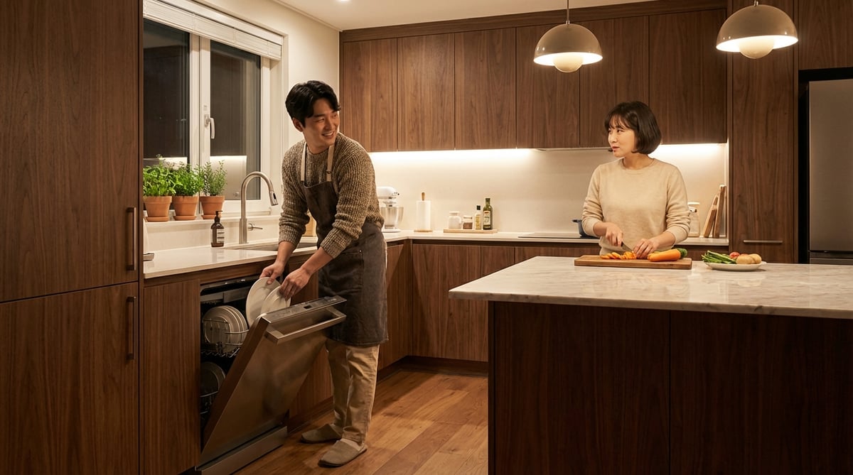 현대적인 한국 주방에서 부부가 요리를 준비하며 식기세척기를 사용하는 라이프스타일 장면