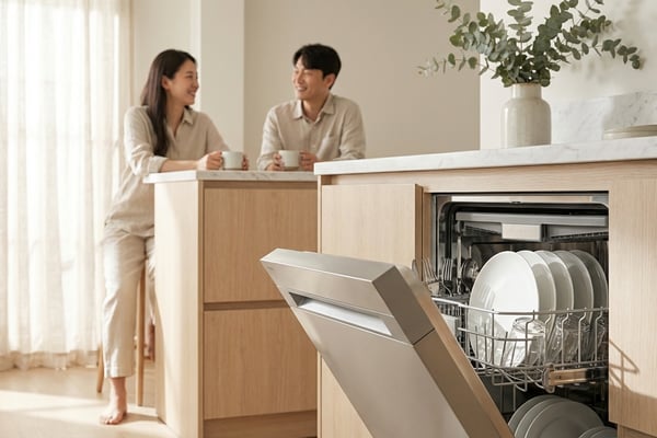 모던 한국 주방에 빌트인 식기세척기 문이 살짝 열려 있고 안에 깨끗한 식기가 보이는 장면