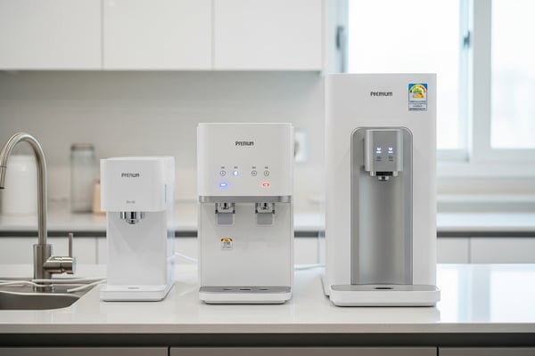 모던 한국 아파트 주방에 세 종류 정수기가 나란히 놓인 모습, 소형 직수형부터 얼음정수기까지 슬릭한 화이트 디자인