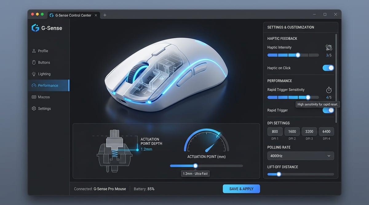 게이밍 마우스 커스터마이징 소프트웨어 인터페이스 - 햅틱 강도, 래피드 트리거 설정 화면