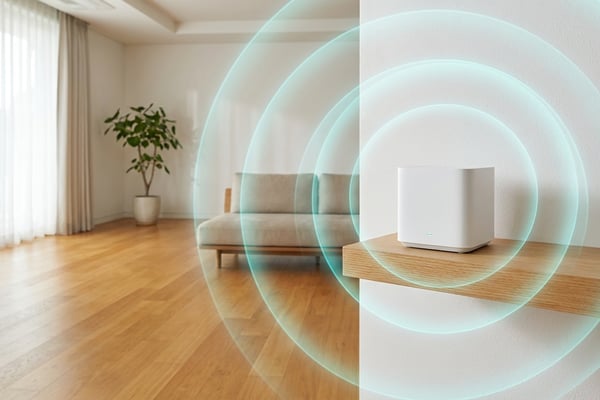 현대적인 한국 아파트 거실에 있는 흰색 Wi-Fi 6E 메시 라우터에서 푸른색 신호 파동이 방사되는 모습, 나무 바닥과 미니멀한 인테리어