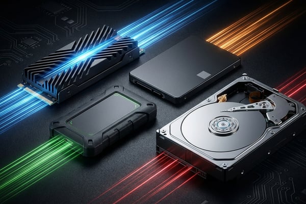 다양한 규격의 SSD와 HDD가 나란히 놓여 있는 저장장치 비교 이미지, 2.5인치 SATA SSD, M.2 NVMe SSD, 기존 HDD가 함께 보인다