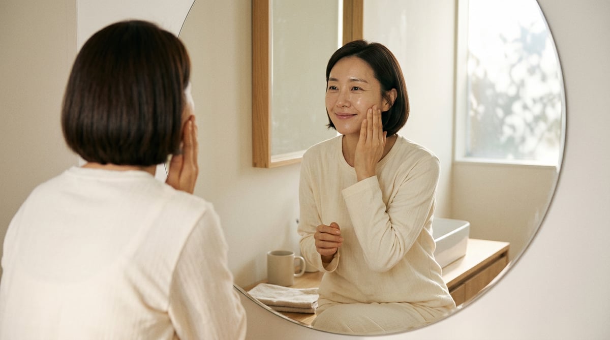 40대 한국 여성이 세안 후 거울 앞에서 얼굴에 손을 대는 기초 스킨케어 장면