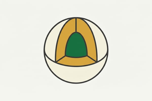 골프공 내부 레이어 구조를 보여주는 NYT 에디토리얼 스타일 일러스트레이션. 코어, 맨틀, 커버의 단면이 기하학적 구성으로 표현되어 있다.