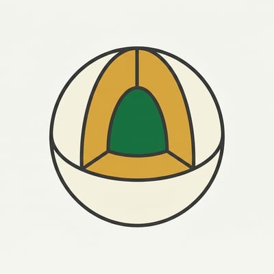 골프공 내부 레이어 구조를 보여주는 NYT 에디토리얼 스타일 일러스트레이션. 코어, 맨틀, 커버의 단면이 기하학적 구성으로 표현되어 있다.