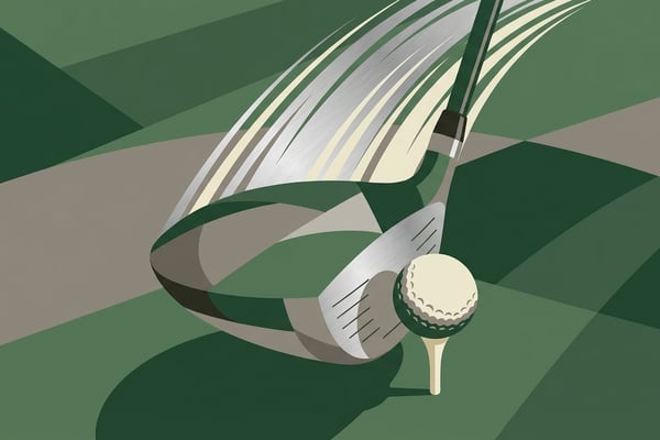골프 드라이버 헤드와 티 위의 공을 보여주는 에디토리얼 일러스트레이션