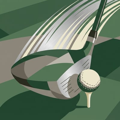 골프 드라이버 헤드와 티 위의 공을 보여주는 에디토리얼 일러스트레이션