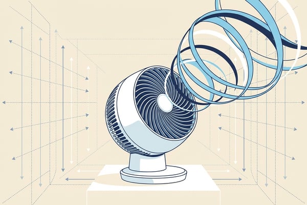 NYT 스타일 에디토리얼 일러스트레이션, 서큘레이터에서 나오는 스파이럴 기류를 시각화한 프리미엄 일러스트