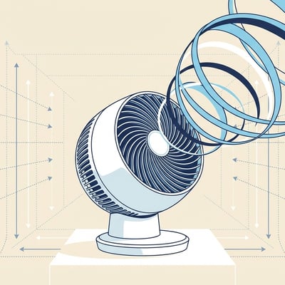 NYT 스타일 에디토리얼 일러스트레이션, 서큘레이터에서 나오는 스파이럴 기류를 시각화한 프리미엄 일러스트