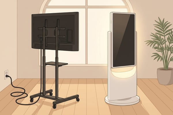 좌측 짭탠바이미 DIY 조립과 우측 LG 스탠바이미 정품이 나란히 놓인 비교 일러스트