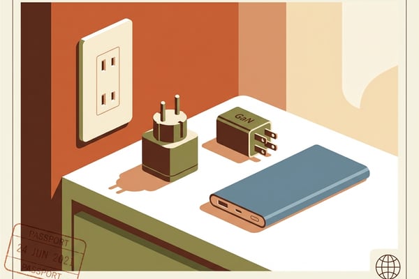 일본 여행 충전 준비물 - 돼지코 어댑터, GaN 충전기, 보조배터리를 호텔 책상 위에 배치한 에디토리얼 일러스트