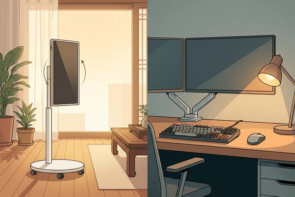 좌측에는 이동식 스탠드 TV, 우측에는 듀얼모니터 책상 셋업이 나란히 놓인 비교 일러스트
