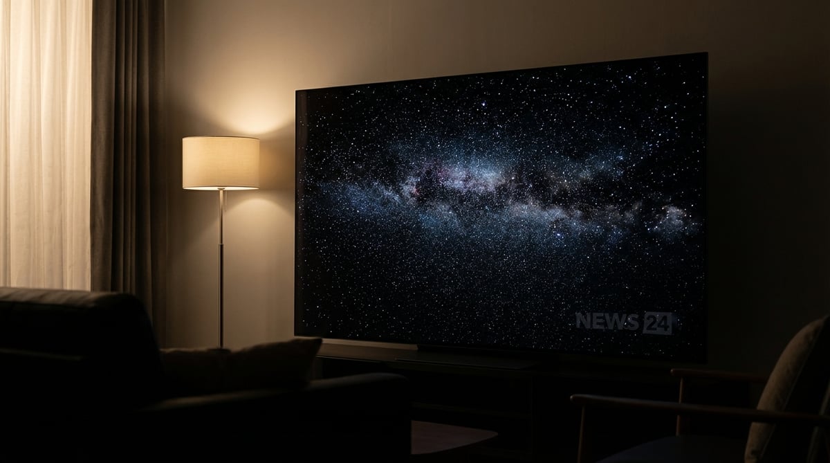 어두운 방에서 은하수를 보여주는 OLED TV 화면, 모서리에 희미하게 보이는 뉴스 채널 로고 번인 현상