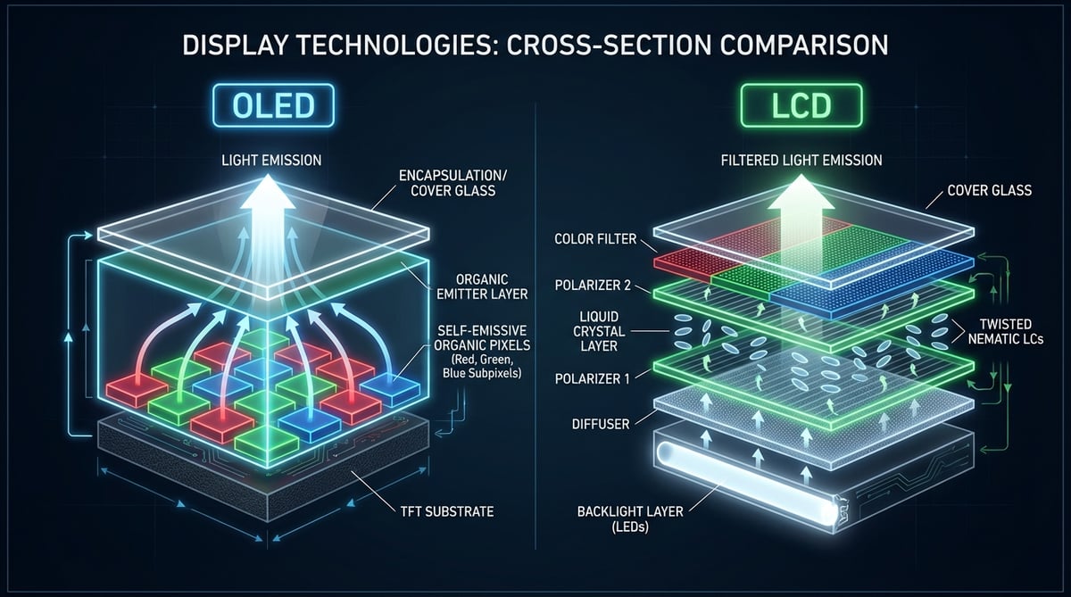 OLED와 LCD 디스플레이 기술의 내부 구조를 비교하는 단면도. OLED는 자발광 유기 픽셀을, LCD는 백라이트, 액정층, 컬러 필터로 구성된 층을 보여줍니다.