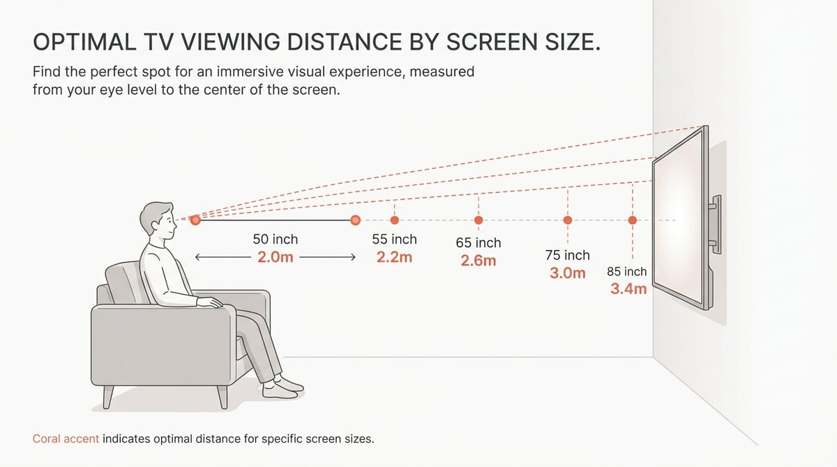TV 화면 크기별 적정 시청거리를 보여주는 인포그래픽 — 50인치 2.0m, 55인치 2.2m, 65인치 2.6m, 75인치 3.0m, 85인치 3.4m
