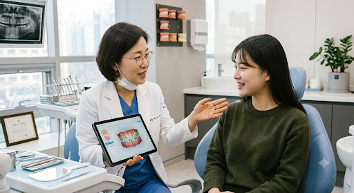 치과의사가 디지털 3D 치아 스캔 화면이 띄워진 태블릿을 보며 진료실 의자에 앉은 환자에게 치아 상태와 치료 계획을 설명하고 있는 모습