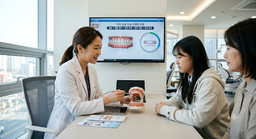 치과의사가 치아 모형과 교정 치료 단계 모니터 화면을 활용해 청소년 환자와 보호자에게 치아교정 과정을 설명하는 모습
