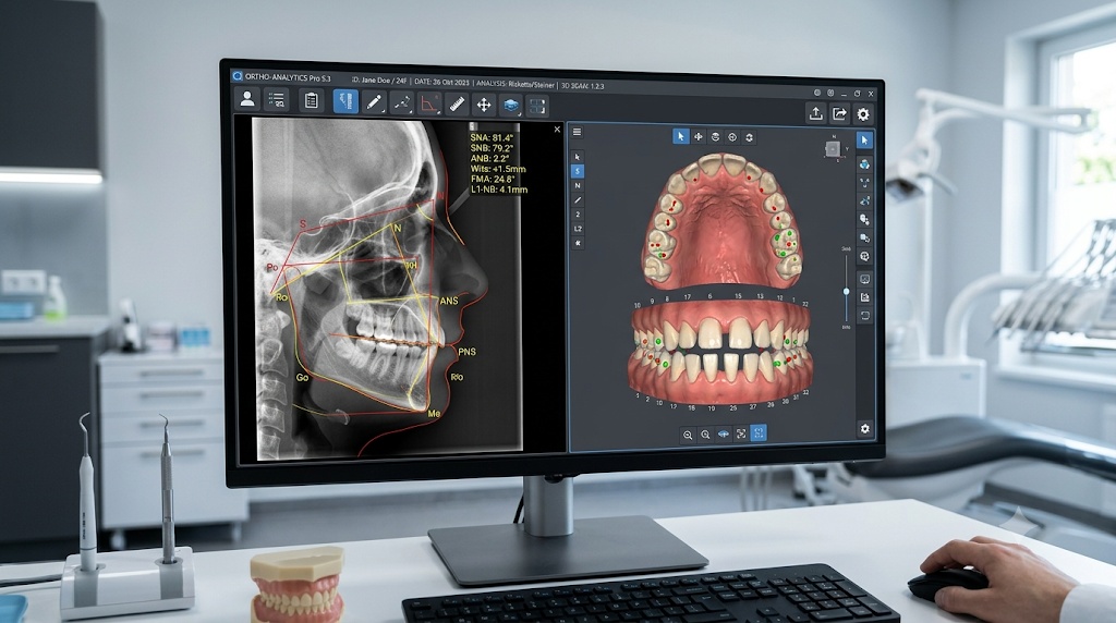 치과 진료실 모니터 화면에 두부 규격 엑스레이 계측 분석과 치아 치열의 3D 디지털 모델링 영상이 표시되어 정밀 진단이 진행되는 모습