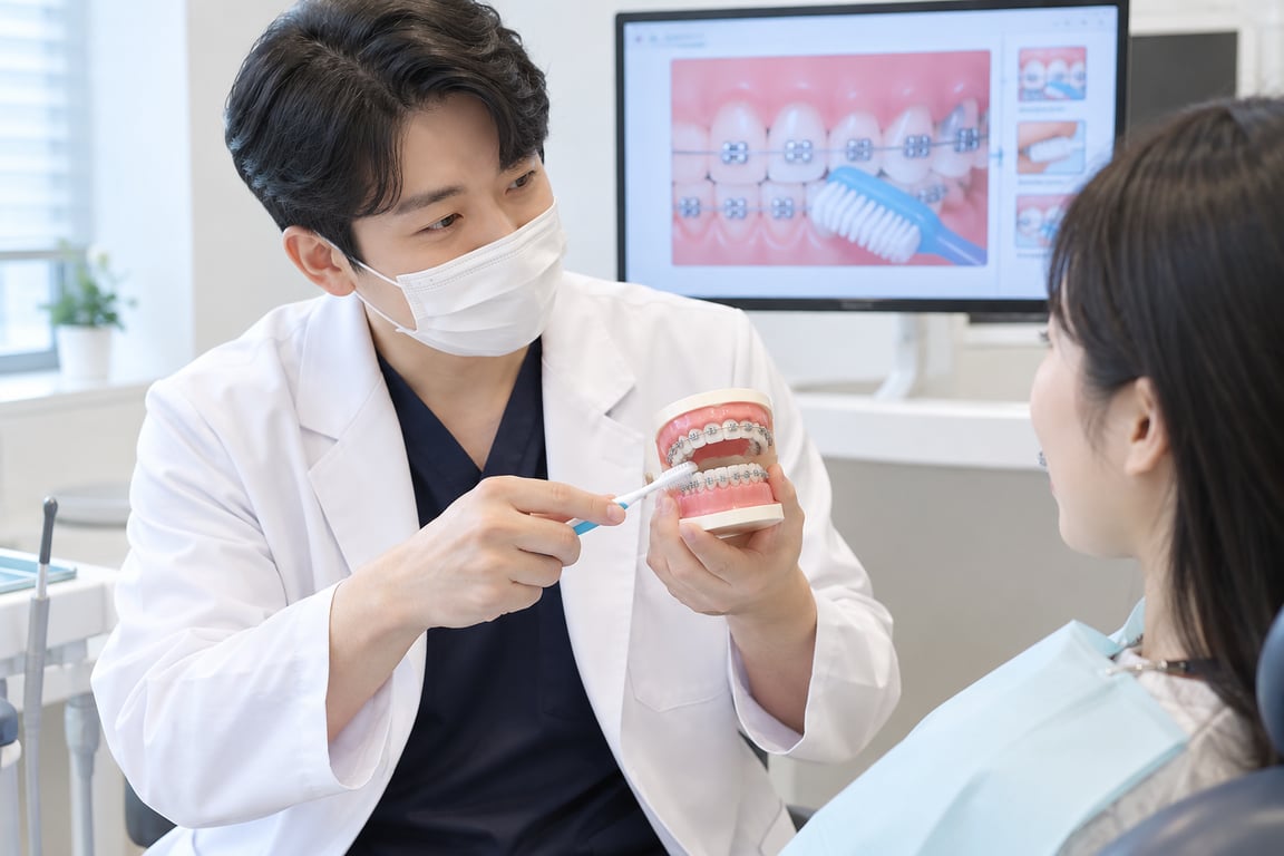 치과의사가 치아 교정 모델과 칫솔을 들고 환자에게 교정 중 올바른 칫솔질 방법을 시연하며 설명하는 모습