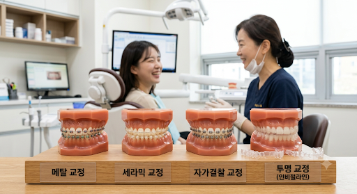 치과 진료실에서 메탈 교정, 세라믹 교정, 자가결찰 교정, 투명 교정 장치 모형이 나란히 진열되어 있고 뒤편에서 의료진과 환자가 상담하는 모습