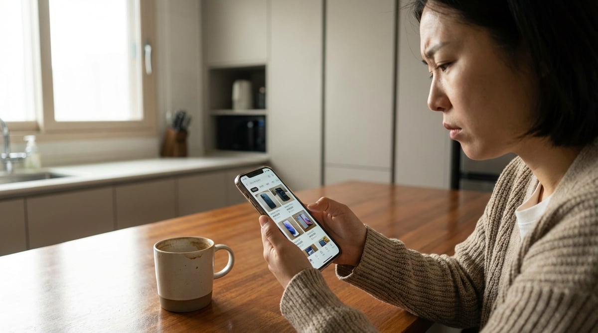 중고폰 마켓 앱에서 자녀 폰을 검색하는 한국인 엄마의 어깨너머 화면