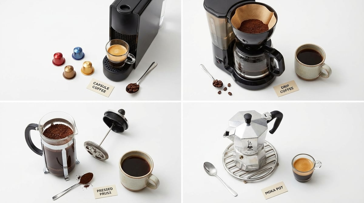 네 가지 커피 추출 방식을 위에서 내려다본 플랫레이 비교: 캡슐머신, 드립 커피메이커, 프렌치 프레스, 모카포트