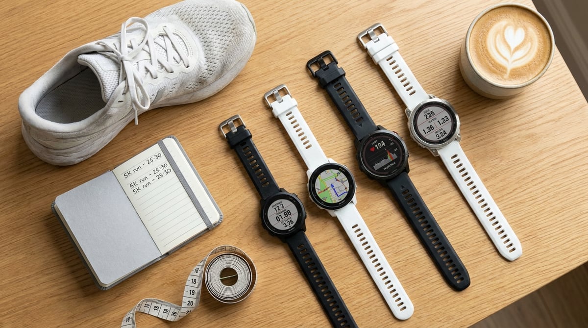 네 종류의 GPS 러닝 워치가 밝은 우드 표면 위에 비교 배치된 오버헤드 플랫레이. 디스플레이 크기와 컬러가 다양함.