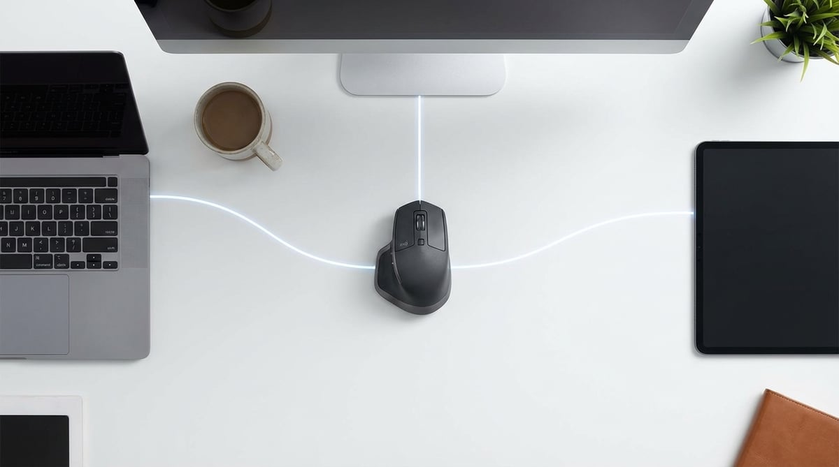노트북, 데스크톱, 태블릿 3대 기기를 하나의 무선 마우스로 연결하는 멀티디바이스 워크스페이스