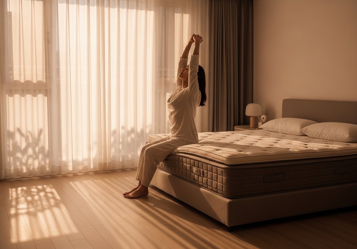 따뜻한 아침 햇살이 비치는 침실에서 침대 끝에 앉아 기지개를 켜는 모습, 두꺼운 매트리스 위에 부드러운 토퍼