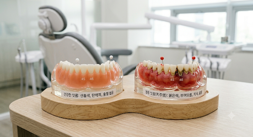 치과 진료실을 배경으로 건강한 선홍빛 잇몸 모형과 치주염으로 부어오르고 치석이 침착된 염증 잇몸 모형을 비교한 모습