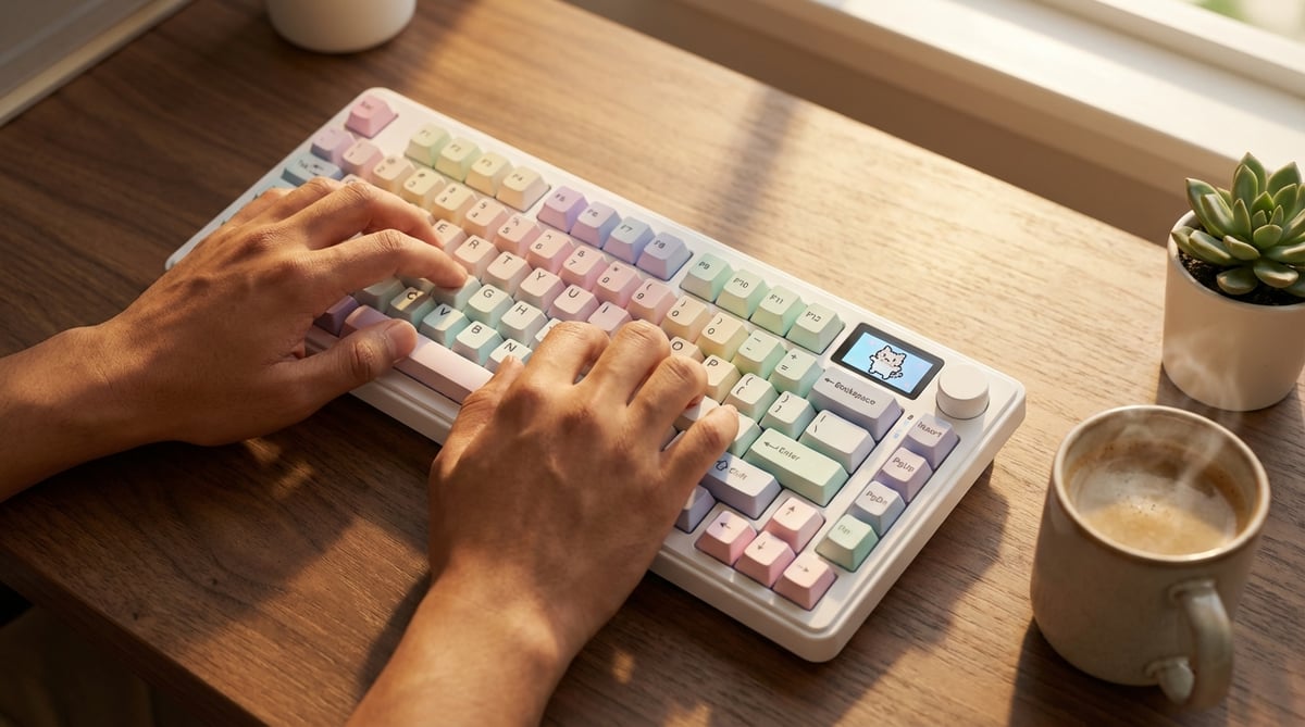 오후 햇살 속 독거미 F108 Pro 데스크 셋업, LCD 애니메이션과 커피