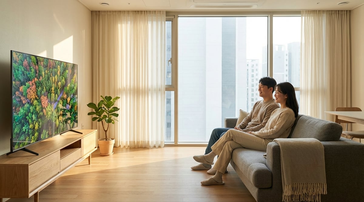 밝은 한국 아파트 거실에 설치된 65인치 TV 시청 장면