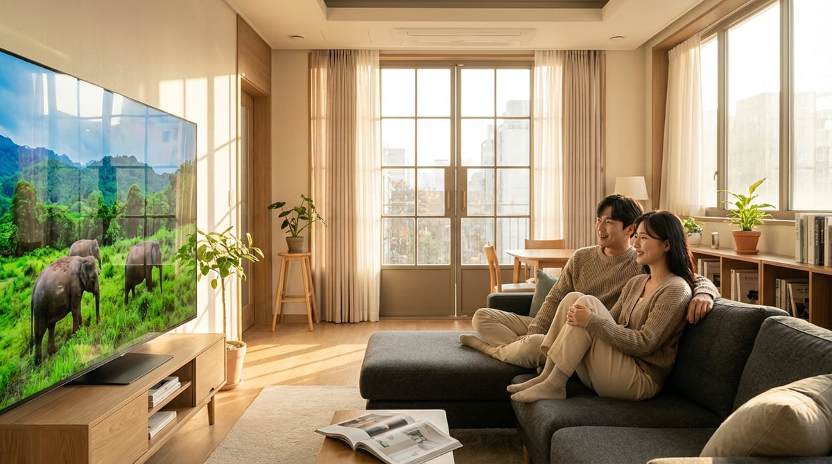 밝은 한국 아파트 거실에서 소파에 앉아 대형 TV로 자연 다큐멘터리를 시청하는 한국인 부부, 오후 햇살이 창문으로 들어오는 모습