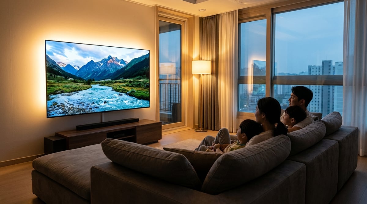 저녁 시간 한국 가정 거실에서 가족이 대형 OLED TV로 영화를 시청하는 모습, 간접조명과 편안한 소파