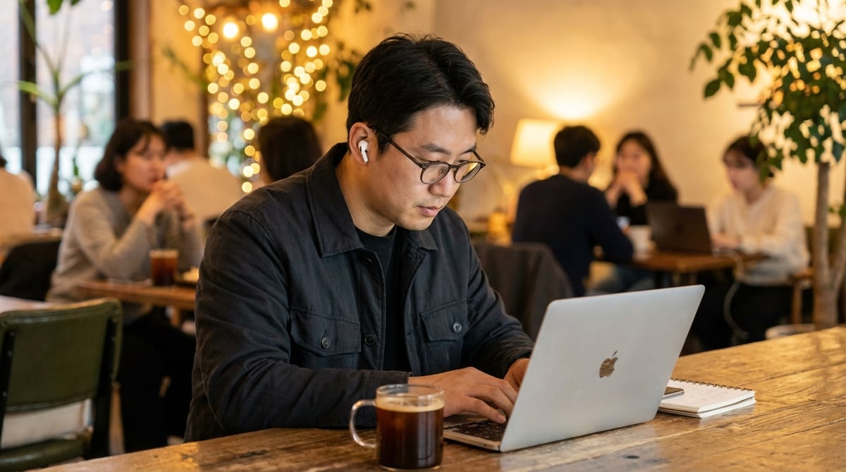 카페에서 무선 이어폰을 착용하고 노트북으로 작업하는 한국 남성