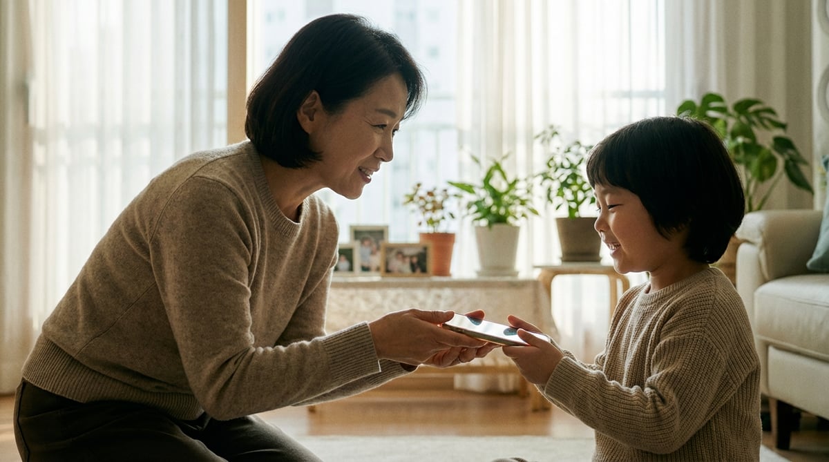 집에서 자녀에게 첫 스마트폰을 건네주는 한국인 부모의 따뜻한 장면